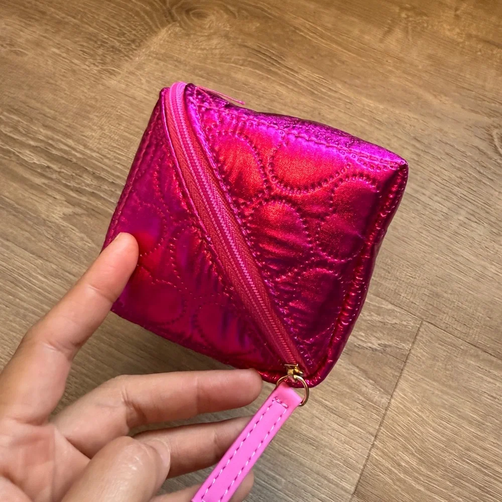 Too Faced Metallic Hot Pink Quilted Heart Cosmetic Bag